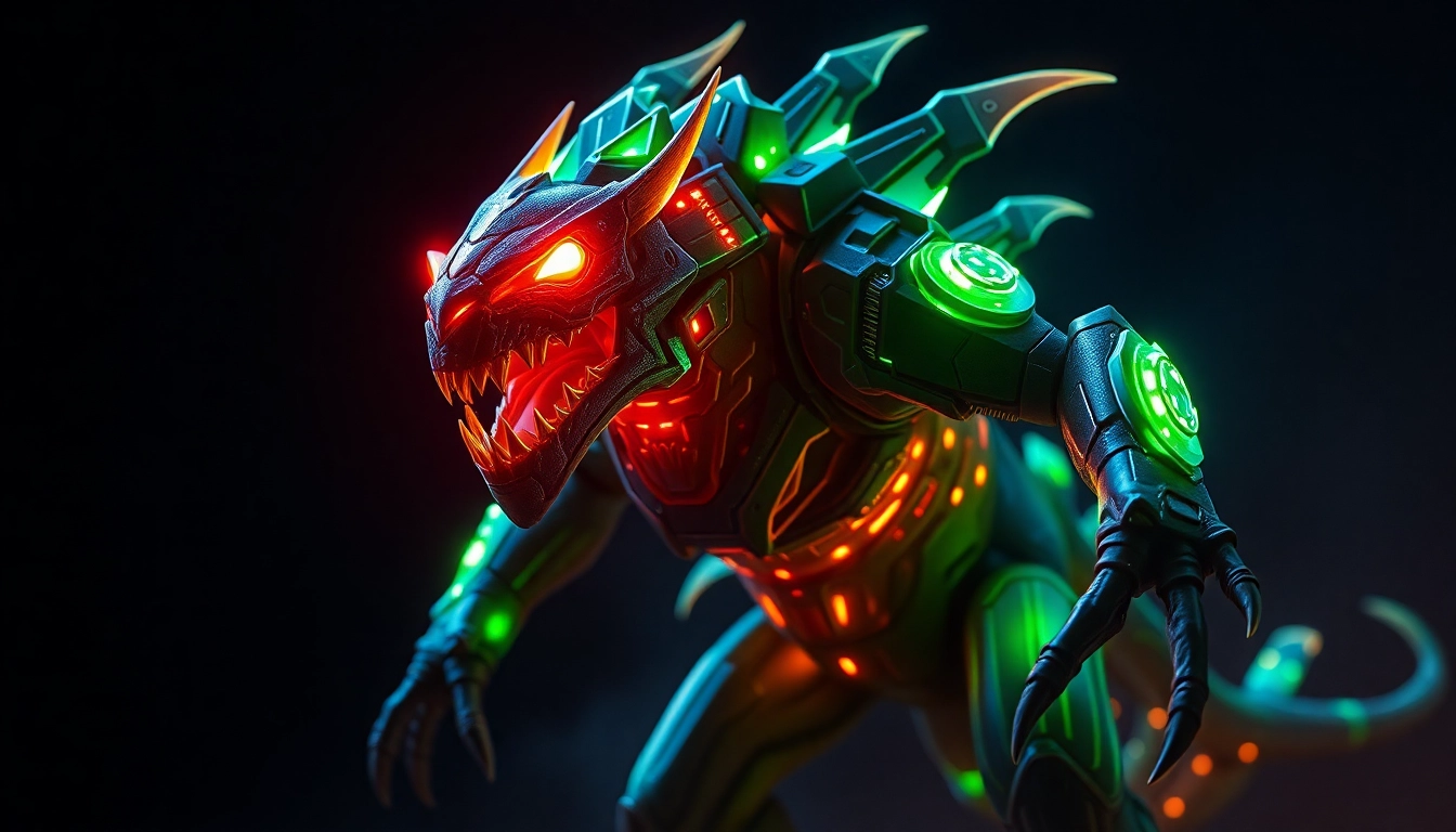 Visual of 789f.monster as an intricate digital creature with neon highlights, emphasizing its fierce and unique design for immersive branding.