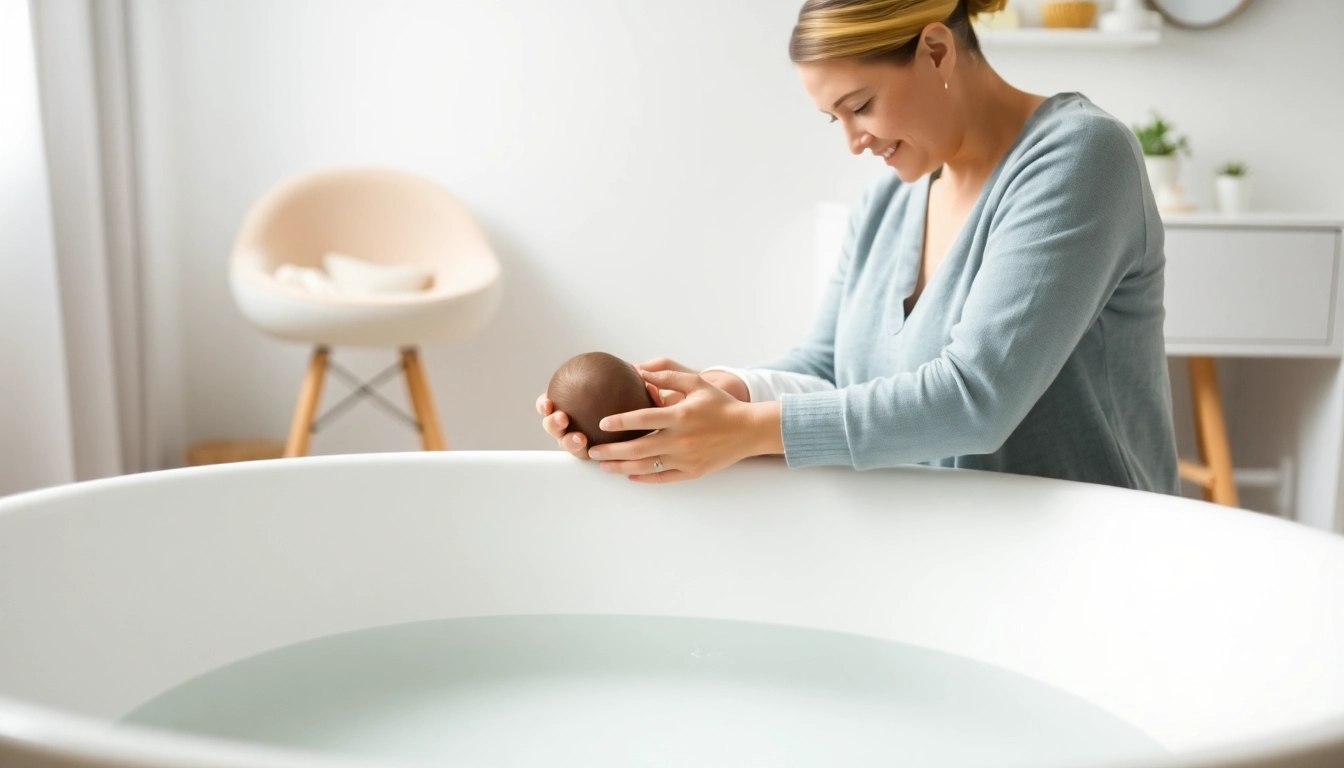 Relaxed parent bathing a newborn in a safe, ergonomic paras vauvan kylpyamme, emphasizing comfort and practicality.