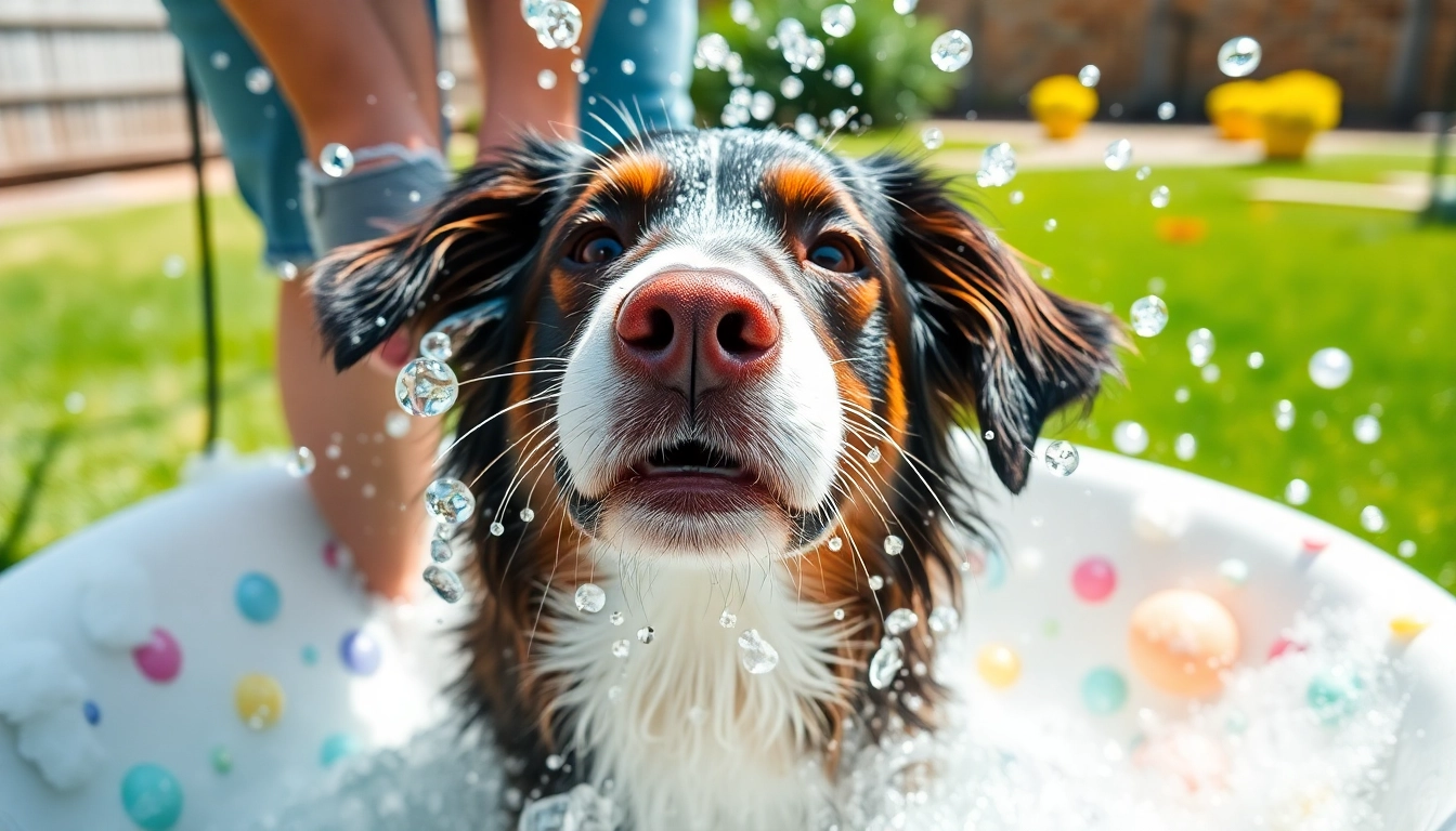 Dog wash near me: Happy dog being bathed outdoors with colorful soap bubbles.
