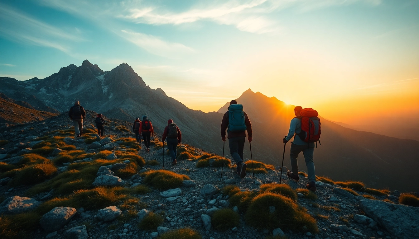 Group of trekking enthusiasts navigating challenging mountain paths in Indonesia, showcasing rugged terrain and lush scenery.