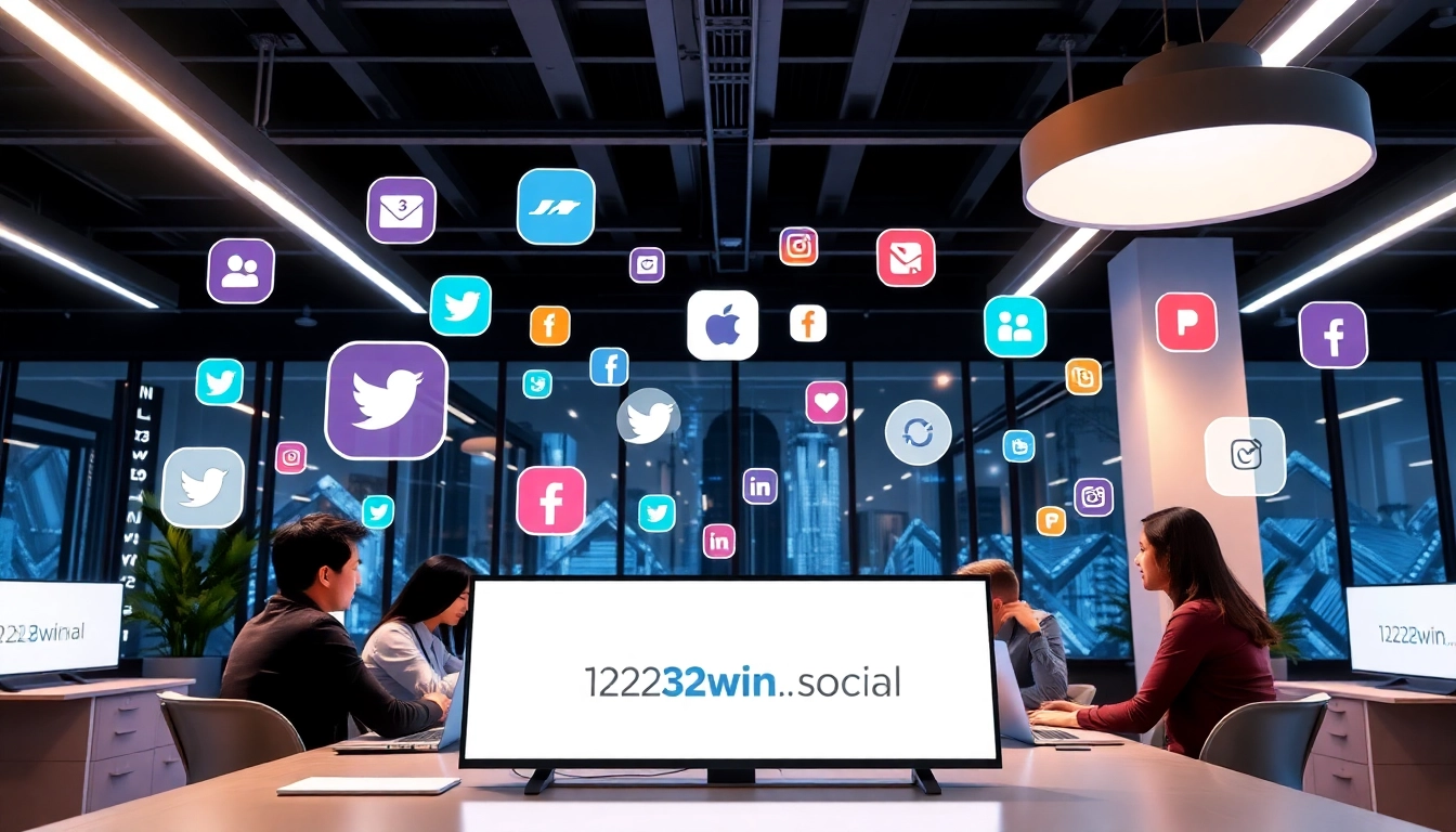 Illustration of dynamic social media engagement demonstrating https://32win.social/ empowering community interactions across digital platforms with vibrant icons and diverse users.