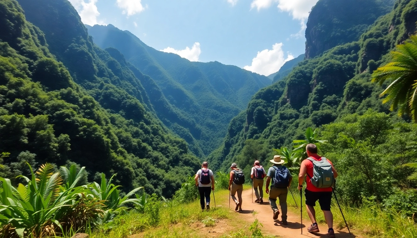 Guided trek through scenic mountain landscape with guides leading adventurous hikers in lush surroundings.