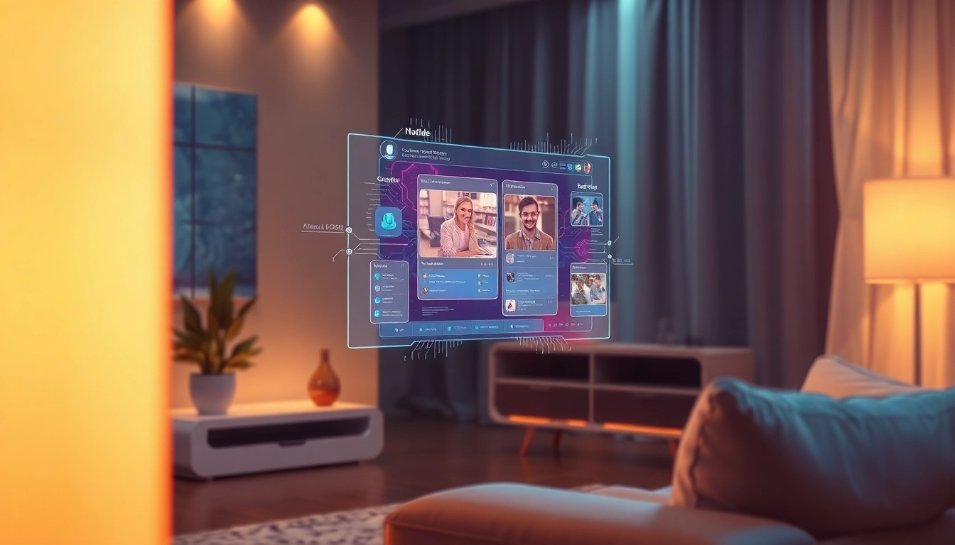 Futuristic AI interface with holographic visuals in a modern room