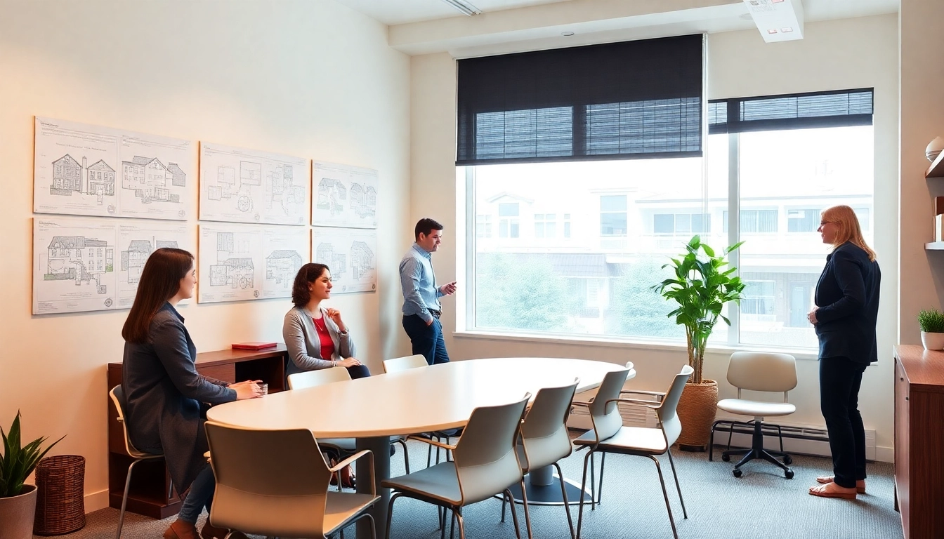 Small size strata management team collaborating on property plans in Vancouver office to showcase personalized service.