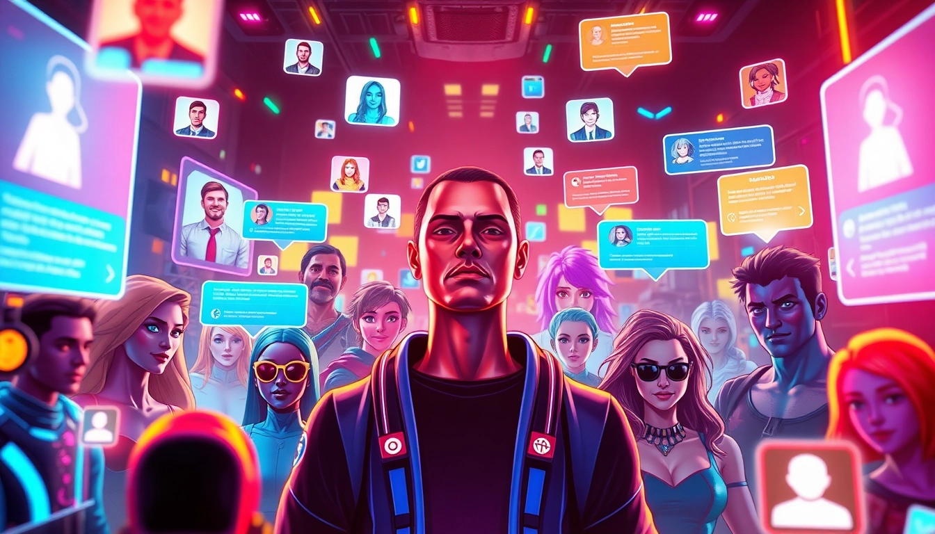 Futuristic virtual social media interface with avatars and AI interactions in a neon-lit cyberpunk style.