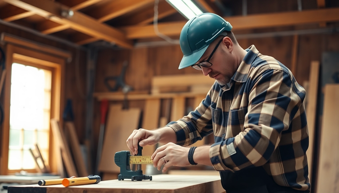 Skilled carpenter measuring and cutting wood for a custom project in a bright workshop setting.