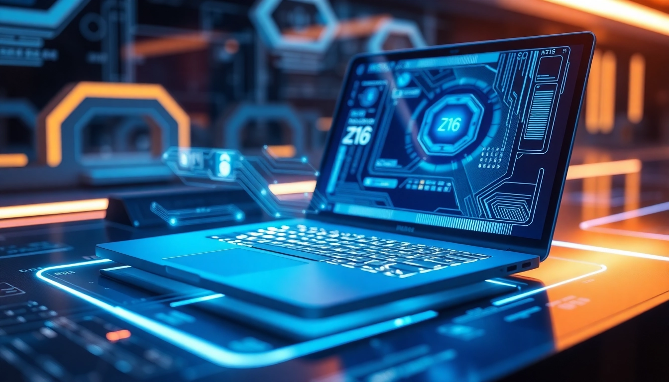 High-tech Z16 laptop with sleek design, glowing holographs, representing advanced digital