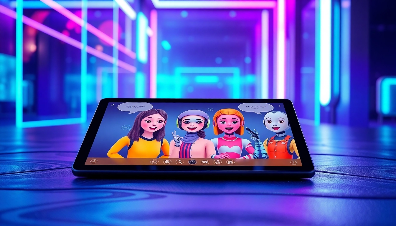 Futuristic digital chat interface with colorful AI characters on a tablet screen, glowing neon background