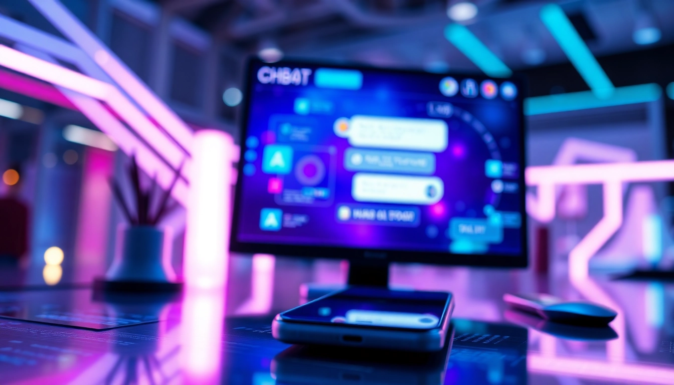 A futuristic digital interface with chat bubbles on a high-tech screen, showcasing AI conversation in vibrant colors.