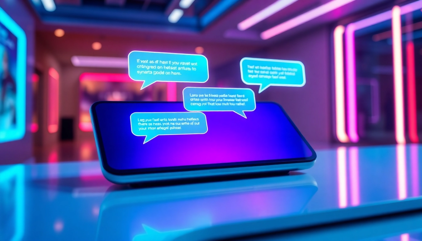 Futuristic chatbot interface with holographic text bubbles in a high-tech environment.