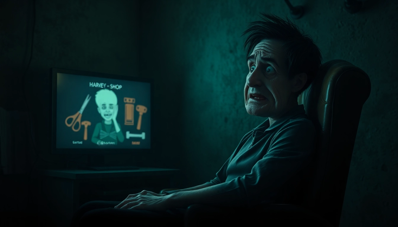An unsettling scene showing a distressed character in a dim room clicking on Harvey, whose face shifts from cheerful to pained as he suffers, with violent tools displayed in the background, highlighting the game's dark moral themes.