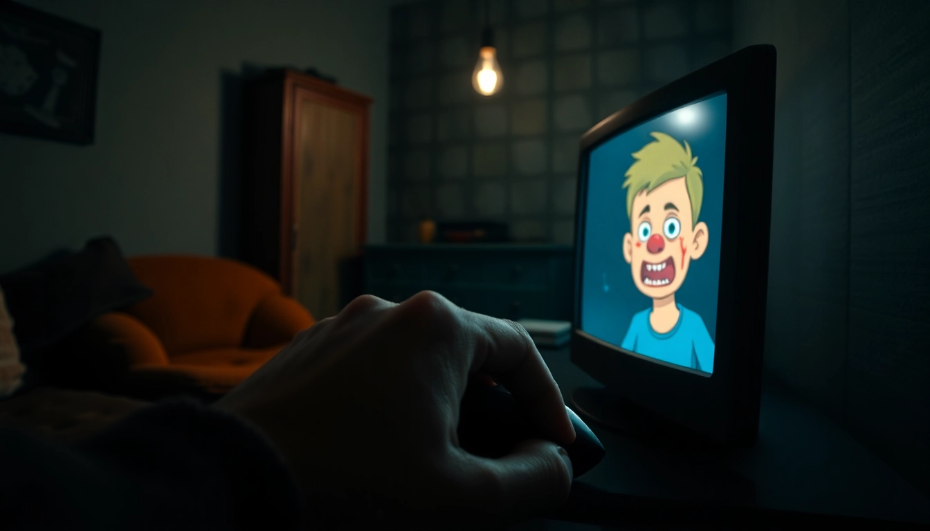 A distressed person playing a dark, unsettling game on their computer, with Harvey's changing expression reflecting increasing suffering.
