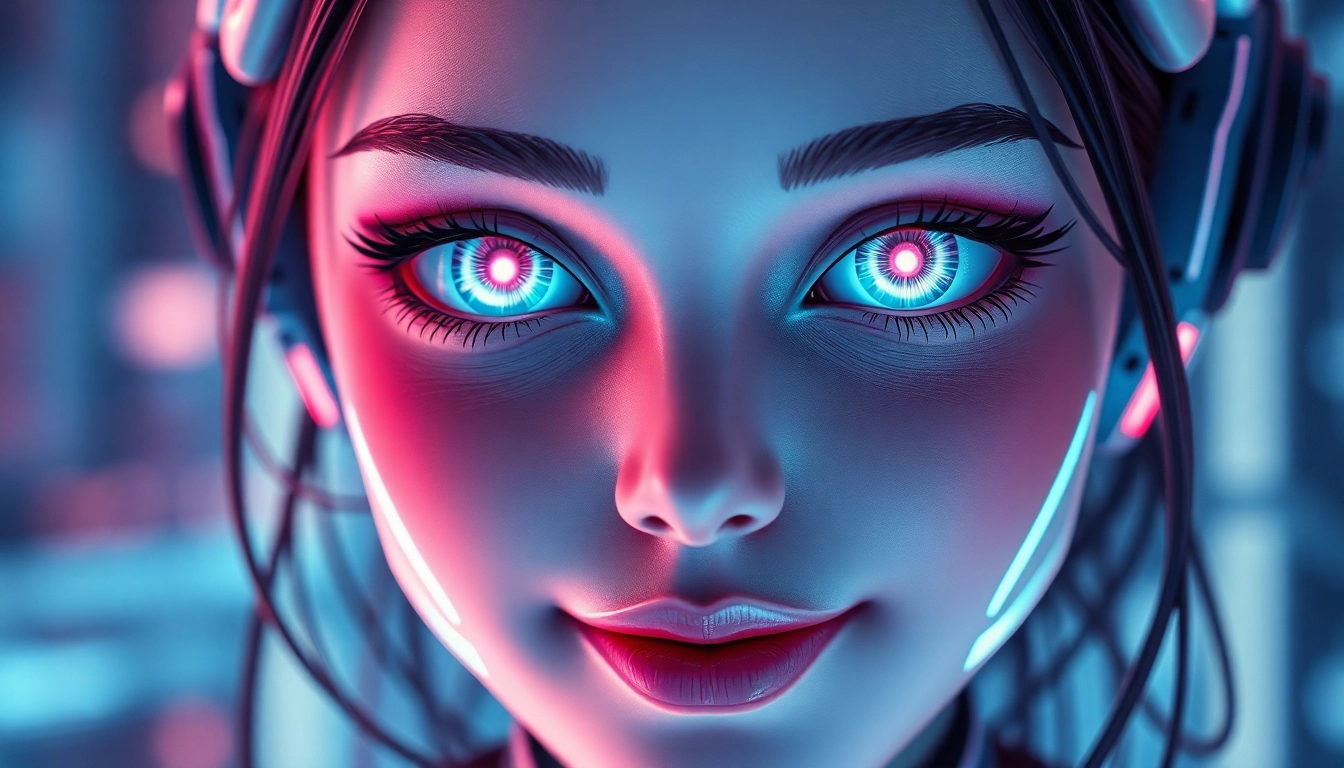 AI girlfriend engaging in a realistic digital chat with a user, showcasing emotional connection and unfiltered conversation, high-tech ambiance.