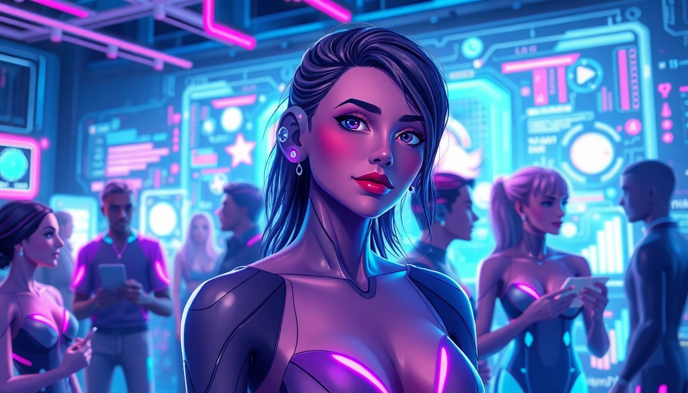 Futuristic digital scene with AI characters engaging in conversation in a high-tech environment.