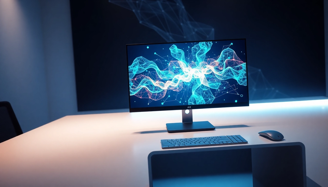 A modern workspace with a computer displaying vibrant AI-generated images, representing advanced AI image editing technology.