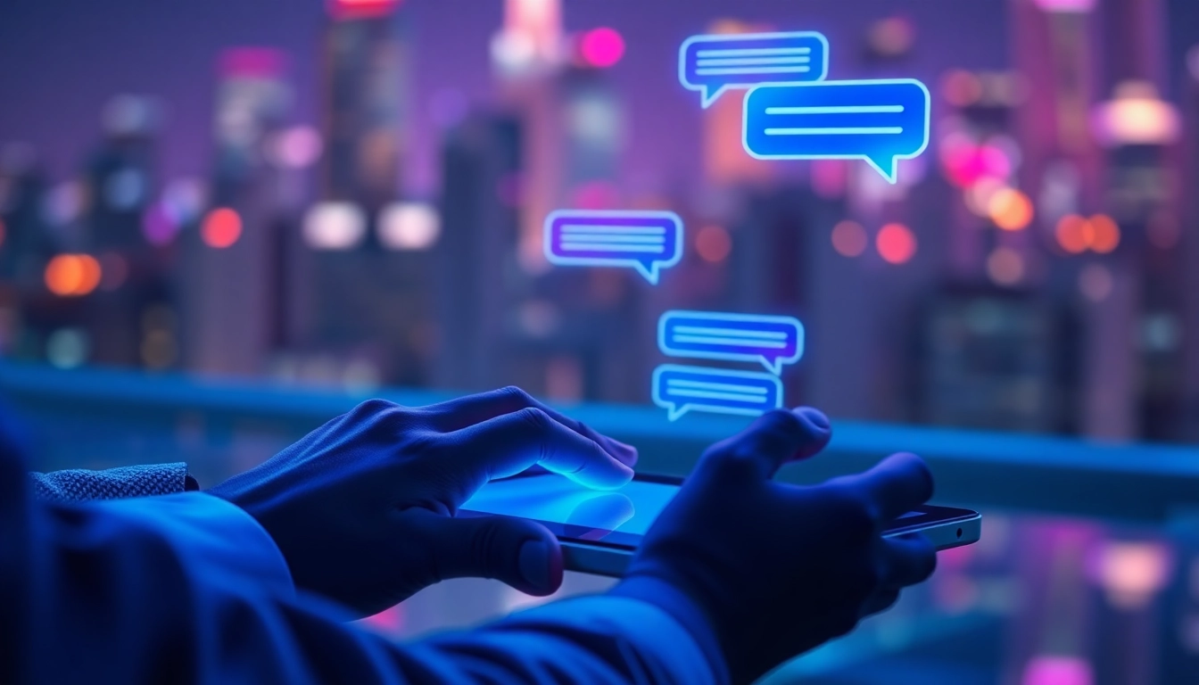Close-up of a person using a futuristic AI chatbot on a sleek device with neon accents and a cityscape background at night.