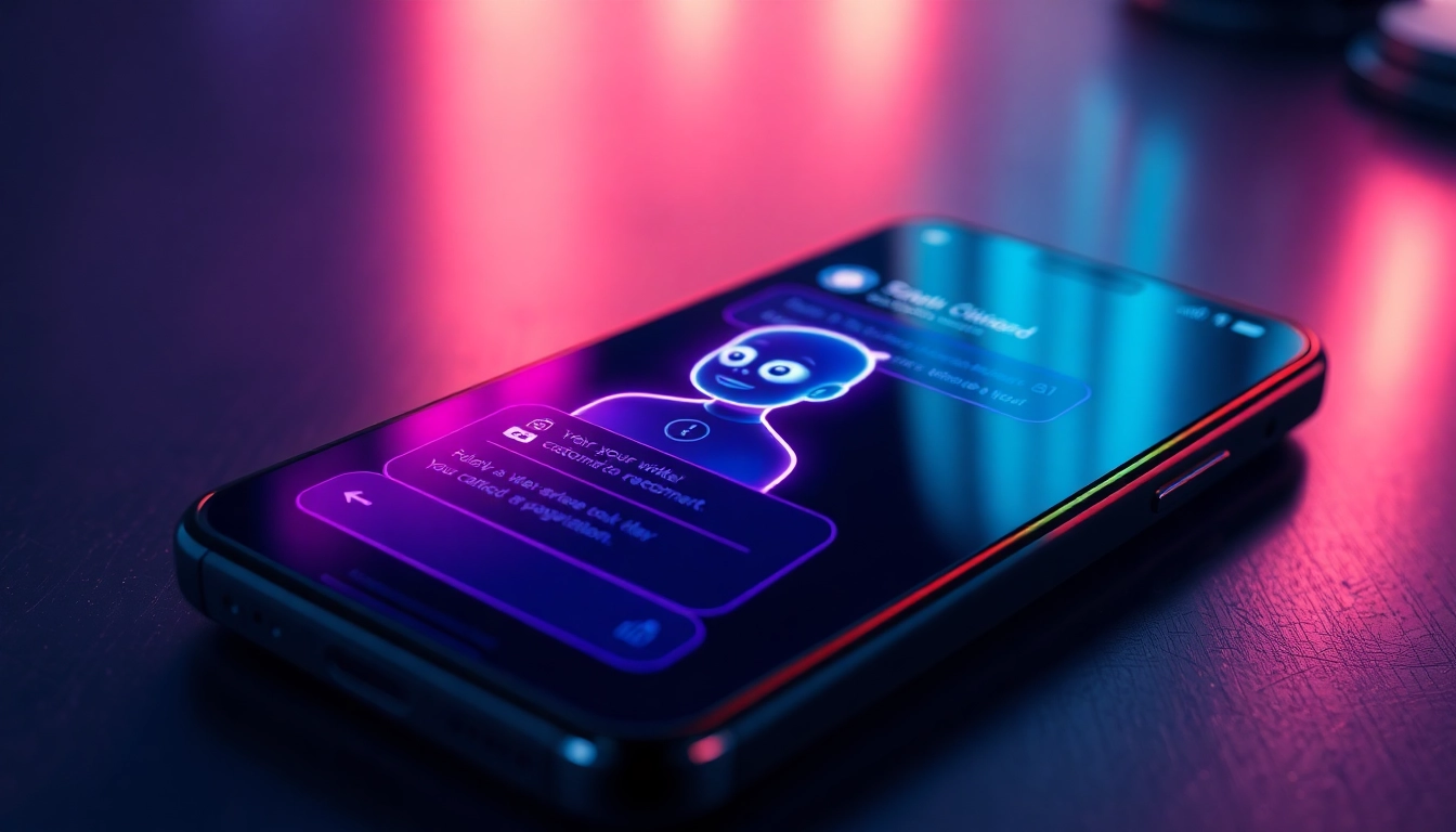 Smartphone displaying an engaging conversation with a customizable AI chat character in a cyberpunk-inspired interface.