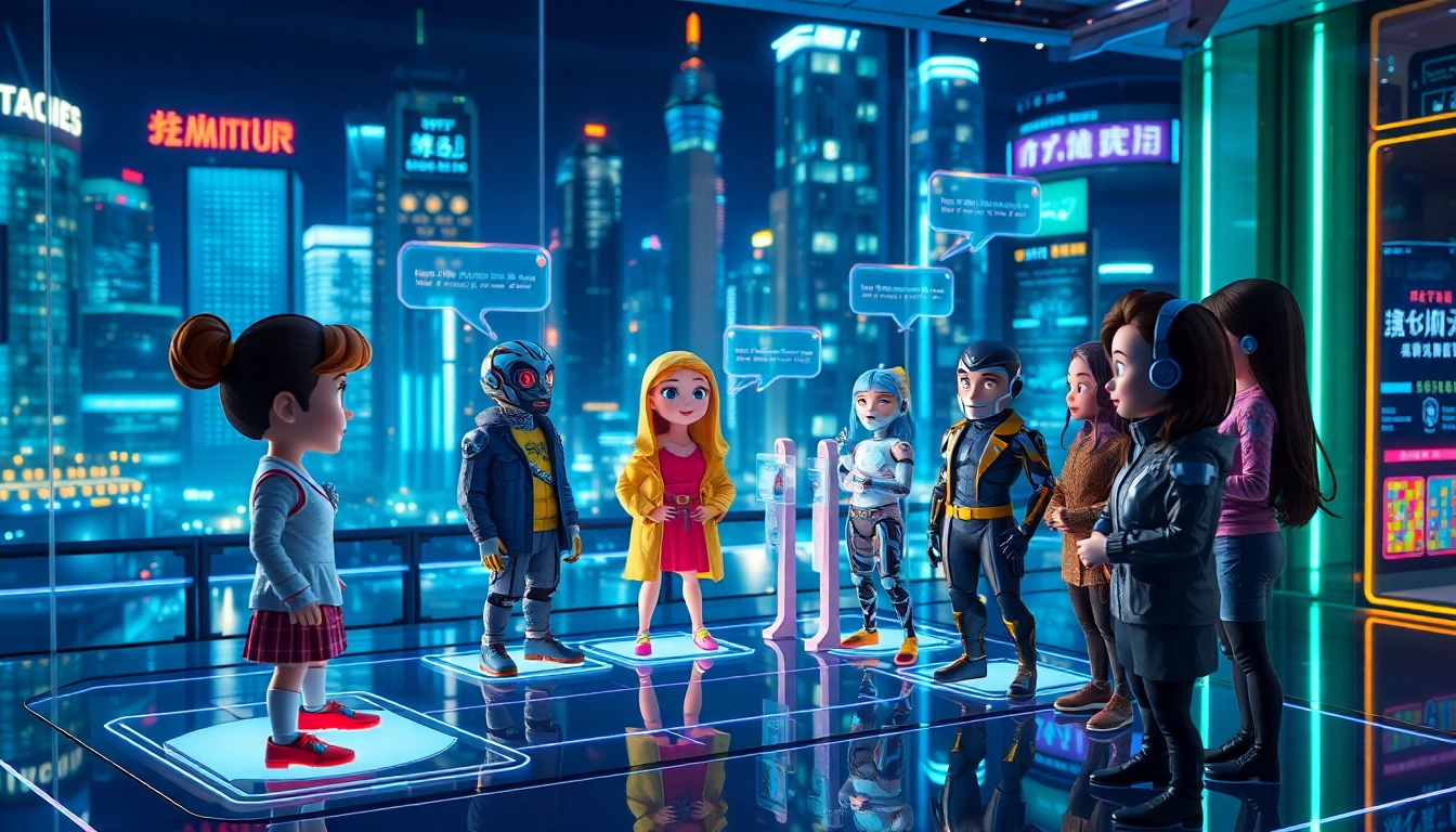 Futuristic digital environment with AI characters engaging in conversation on holographic displays in a neon-lit cityscape.