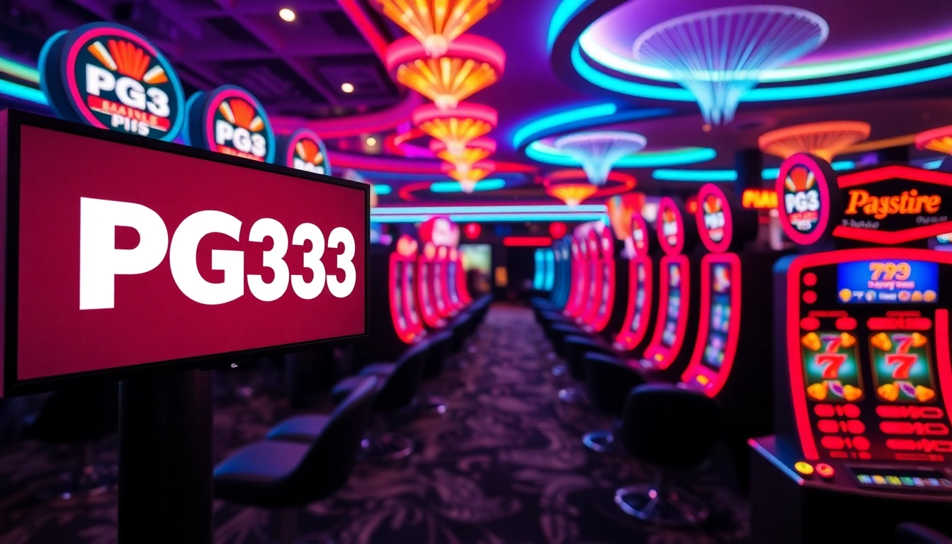 PG333 online slot platform with vibrant neon-lit screens and engaging gaming visuals for user attraction