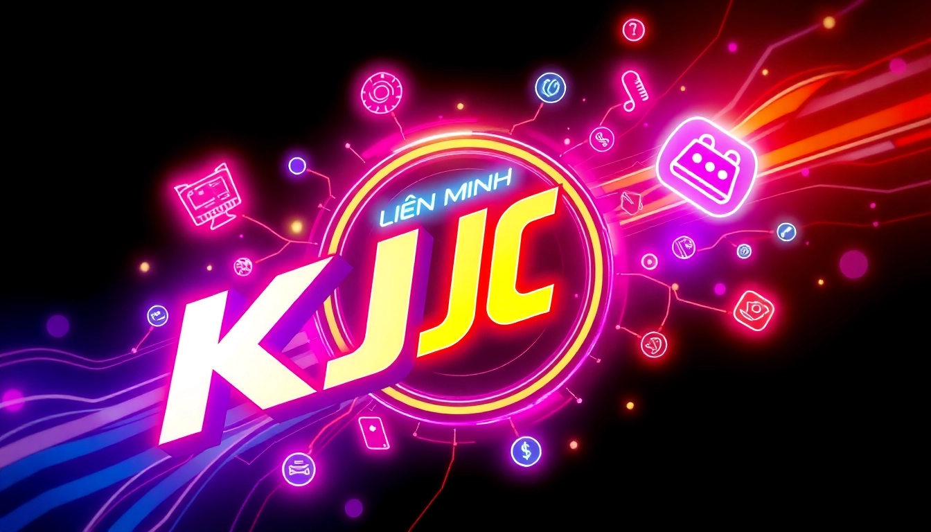 Professional Lien minh KJC team engaging with digital content in vibrant futuristic