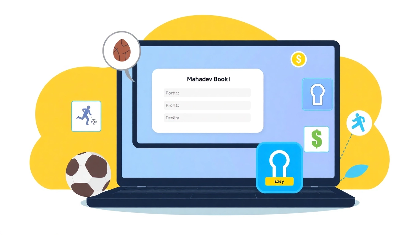 Mahadev Book Id registration on mobile device with sports icons and secure payment symbols, illustrating ease of online betting access.