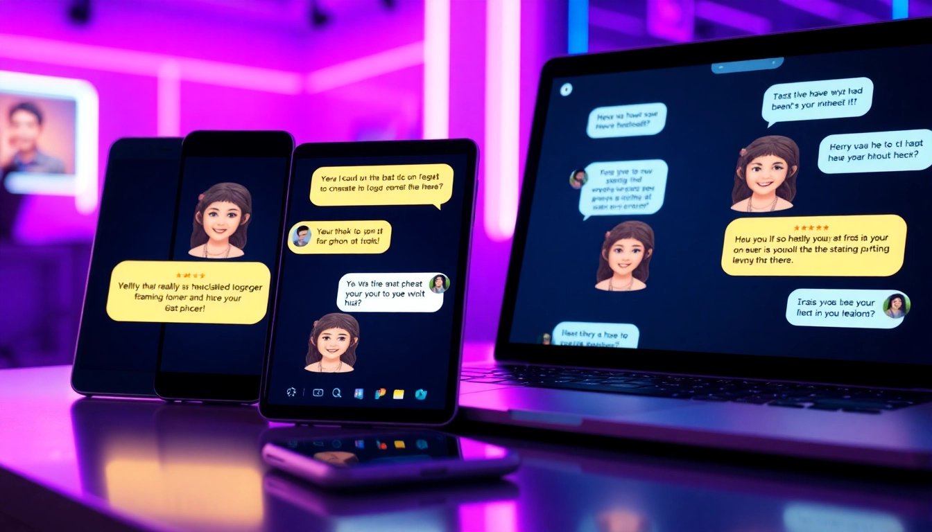 Digital devices displaying a spicy chat conversation with animated AI characters in a high-tech setting.