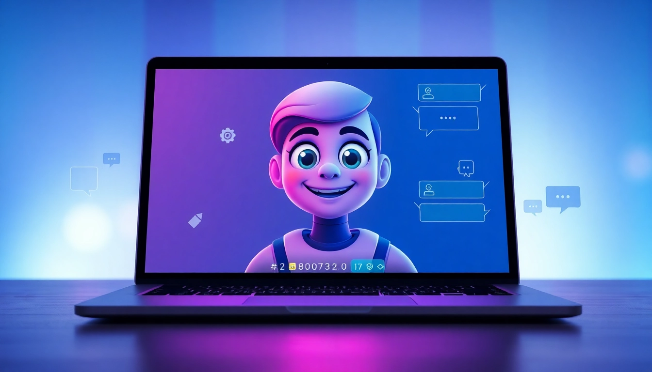 A futuristic digital interface with an animated AI character on a laptop screen, glowing and inviting.