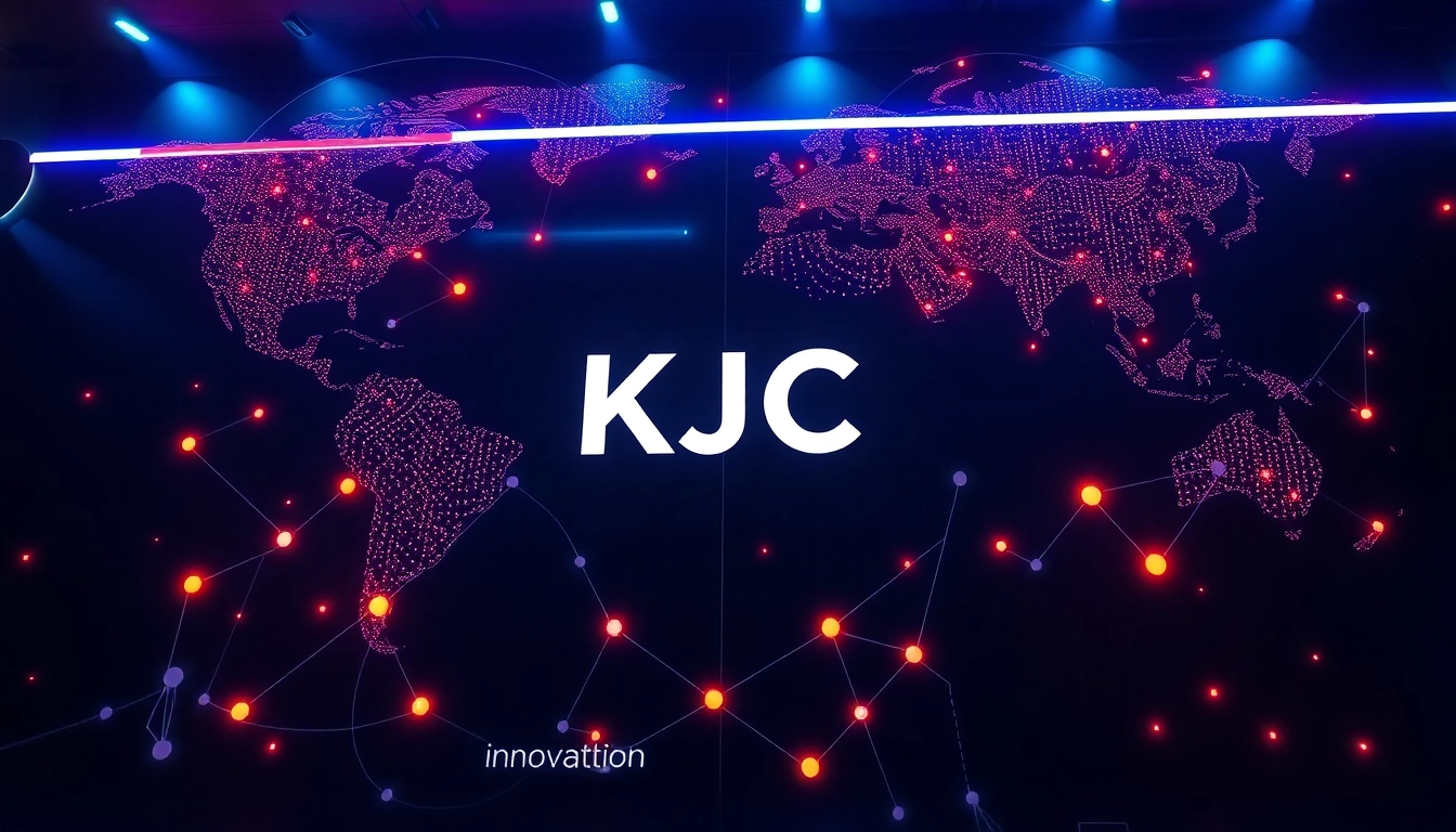 KJC branding with a dynamic digital ecosystem illustrating global connectivity and innovation in digital entertainment and technology.