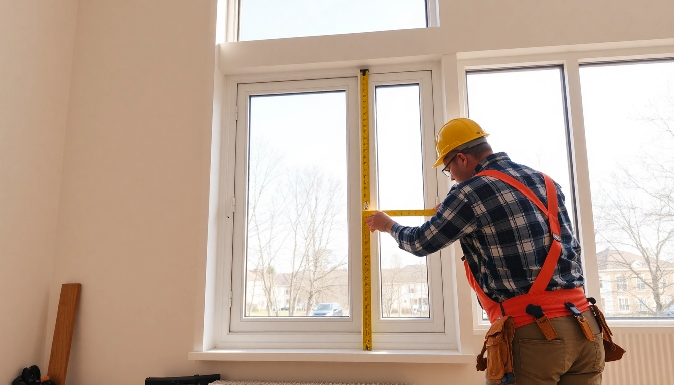 Efficient Window Installers Near Me measuring a window in a sunlit modern home.