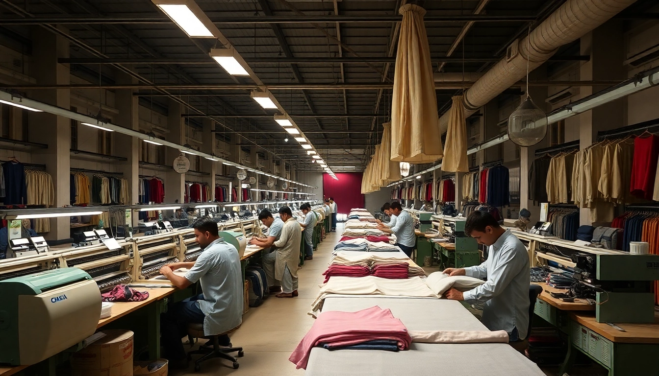 Interior view of a bustling clothing factory in Sialkot with skilled workers and modern sewing machines demonstrating Pakistan's apparel manufacturing strength.