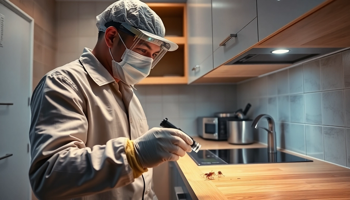 Pest control technician inspecting a modern kitchen with UV light to detect cockroaches behind cabinets.