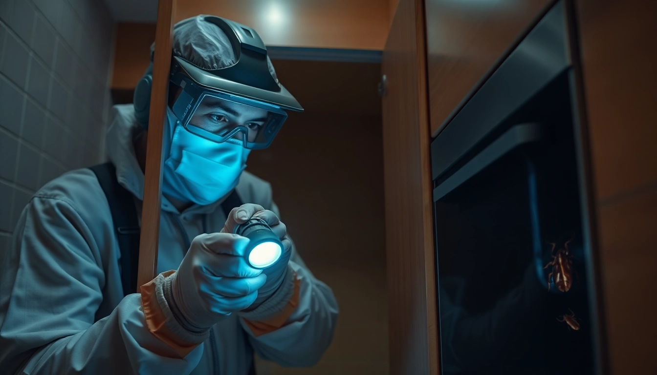 Professionele ongediertebestrijder inspecteert keukenkastje met UV-licht op kakkerlakken