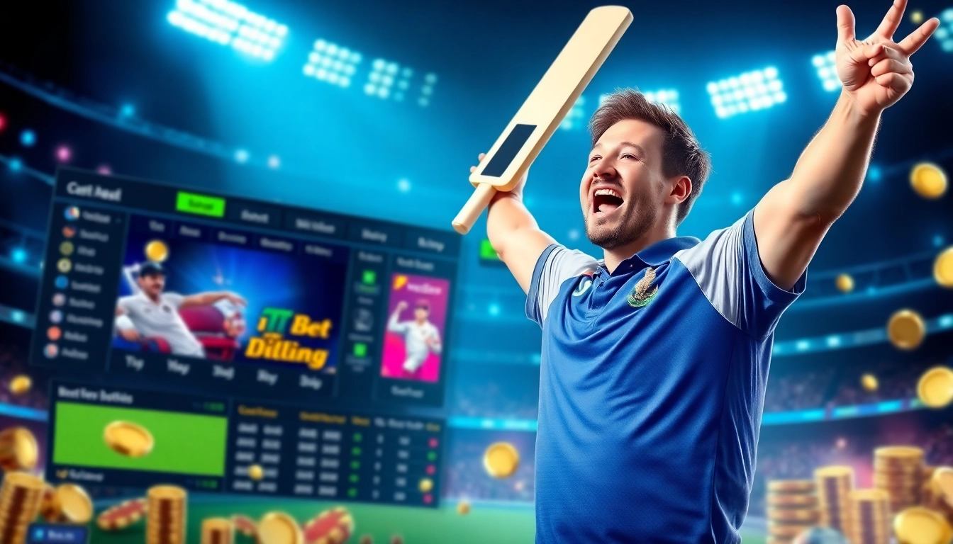 Illustration of a cricket betting platform emphasizing Cricbet99 win with a user celebrating a