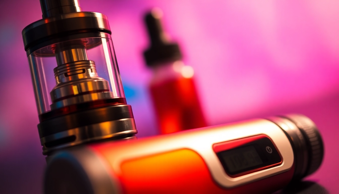 Vape device with colorful e-liquid bottles showcasing modern vaping lifestyle and accessories