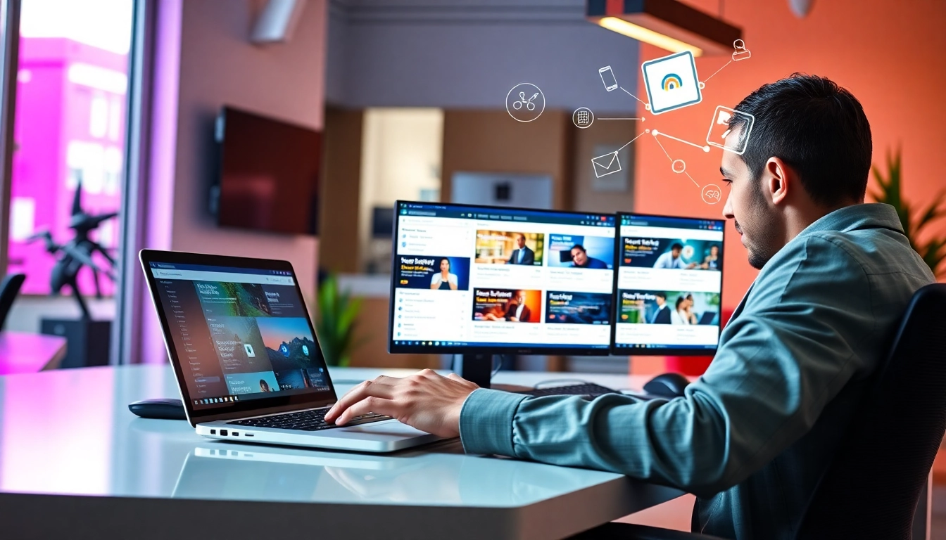Professional freelancer browsing aggregated job offers on a modern laptop in a bright workspace