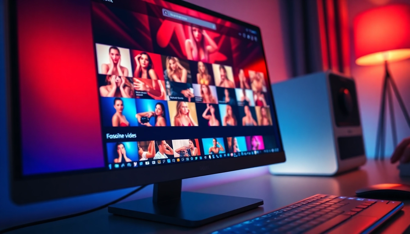 Close-up of a computer screen displaying adult video thumbnails with vibrant colors and a sleek digital interface.
