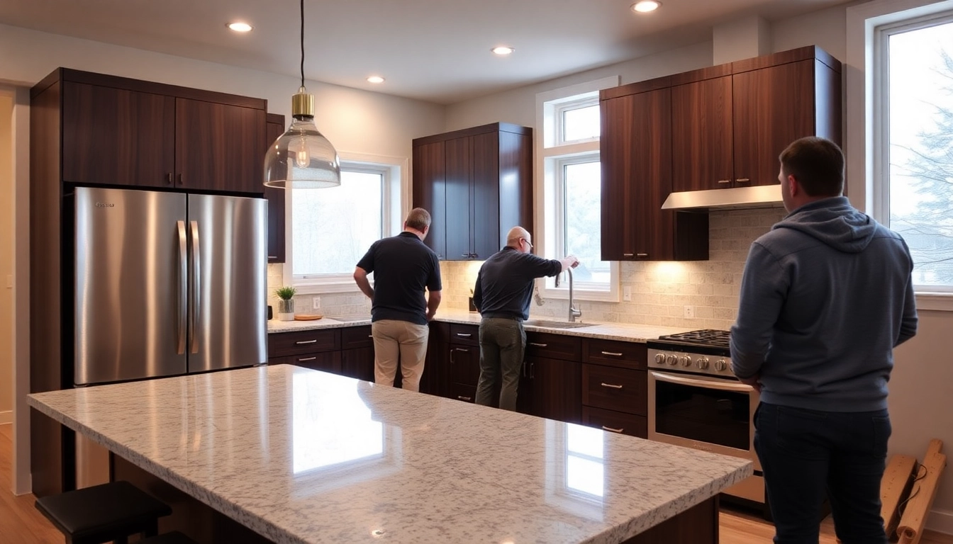 Professional Calgary home renovation contractors transforming a kitchen with new cabinets and